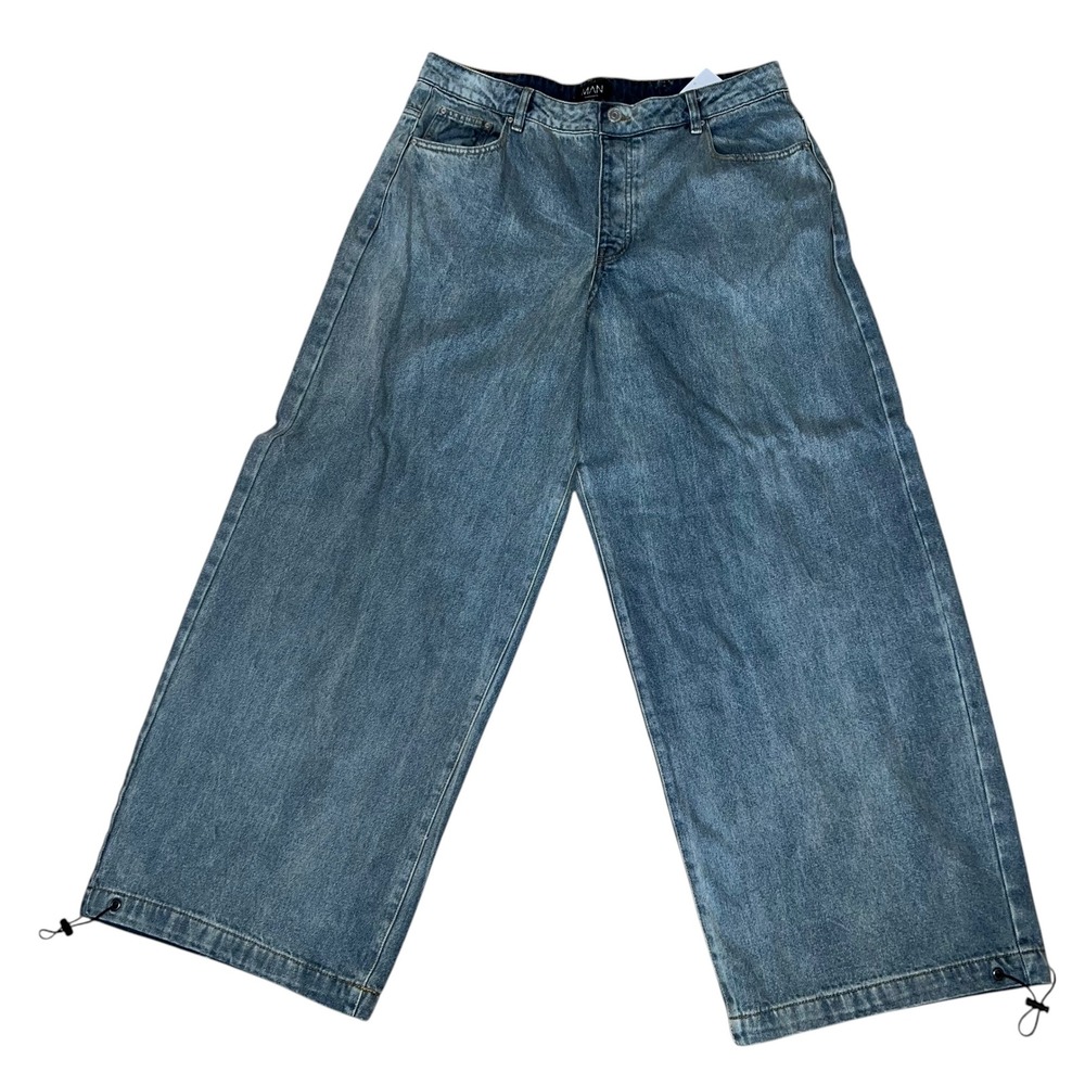 BoohooMAN Blue Wide Leg Parachute Baggy Jeans Adjustable Hem Mens 36 Stonewash